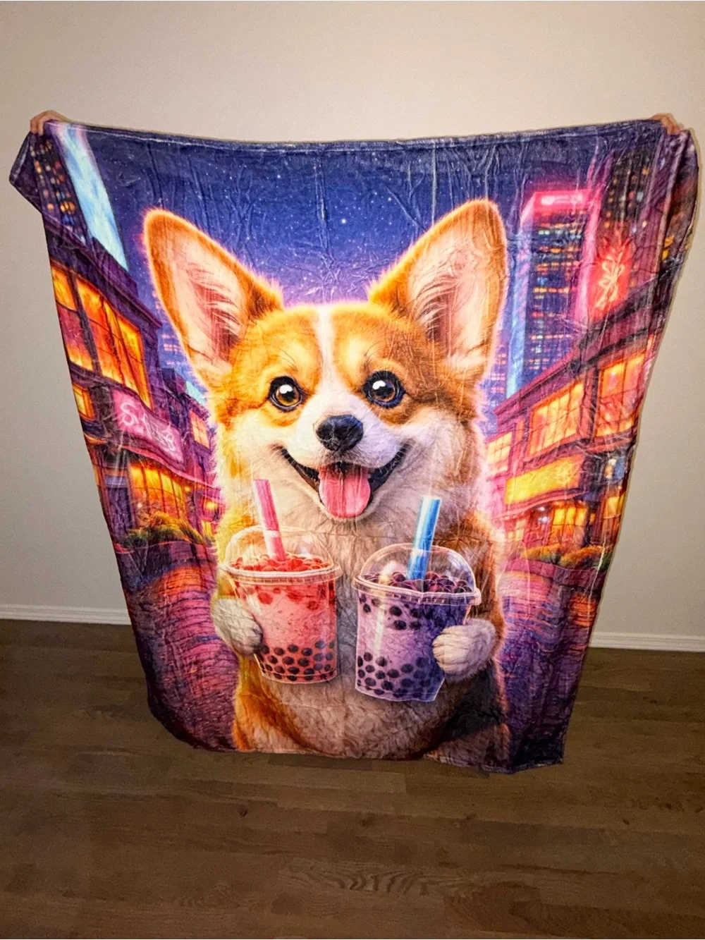 NWT Corgi Boba Tea Plush Throw Blanket 50x60 Velveteen Back